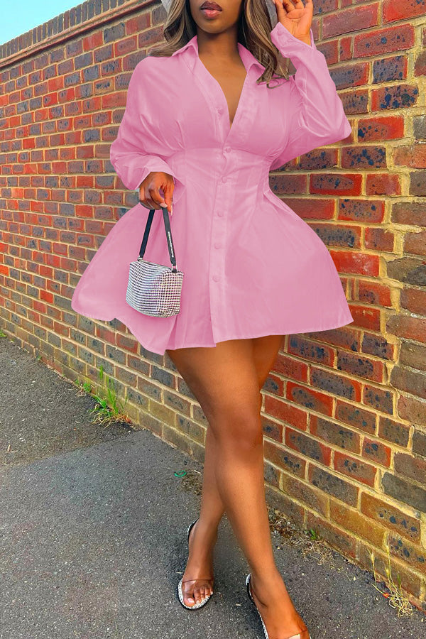 Fashion Casual Waisted Solid Color Shirt Dress