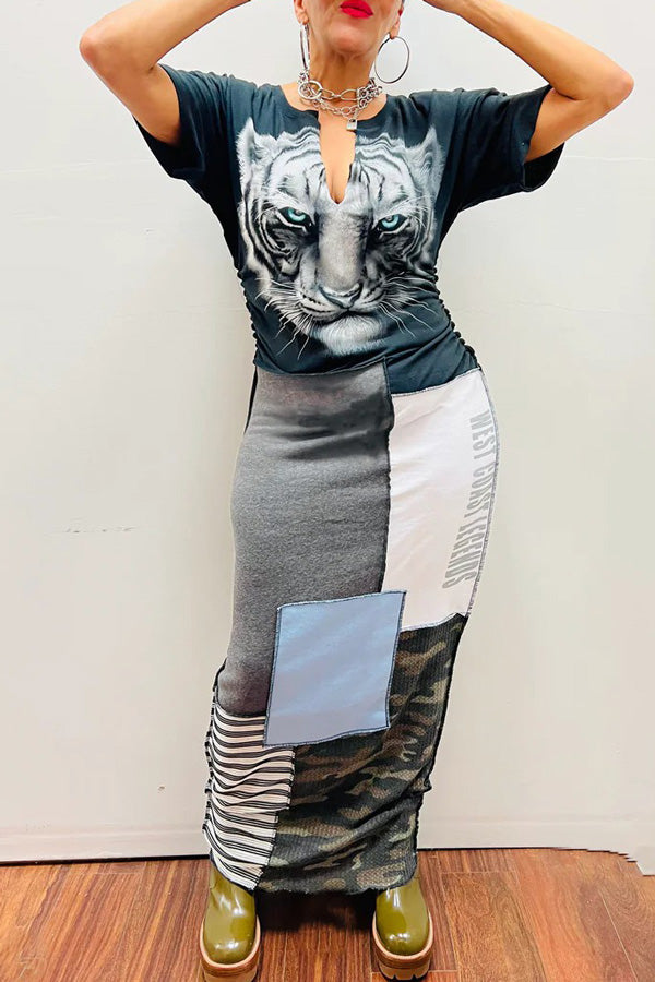 Animal Print Contrast Color T-Shirt Dress