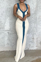 Sexy V-neck Wide Shoulder Straps Contrasting Color Slim Holiday Dress