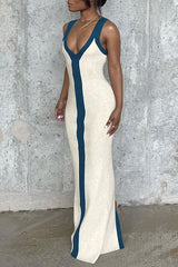 Sexy V-neck Wide Shoulder Straps Contrasting Color Slim Holiday Dress