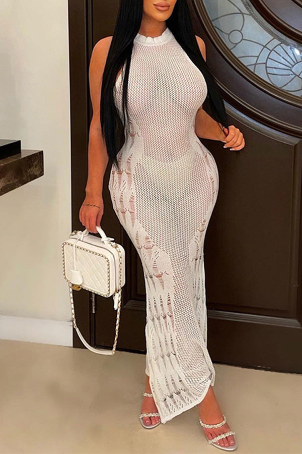 Sexy Babes Solid Color Sleeveless Slim Long Knitted Dress