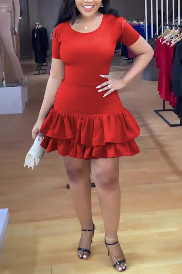 Fashion Solid Color Skinny Sexy Ruffle Dress