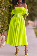 Fashionable Neck Solid Color Flowing Puff Sleeve Dress With Belt