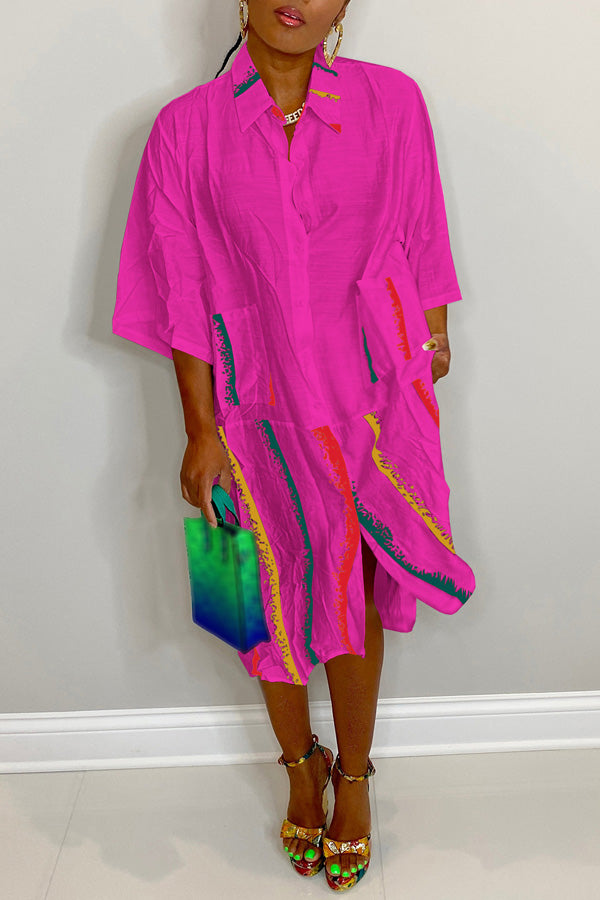 Fashion Printed Stitching Long Sleeve Shirt Pocket Dress
