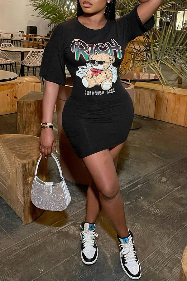 Fashion Hot Panda Hot Print Print Hip Cover Short Sleeve Dress