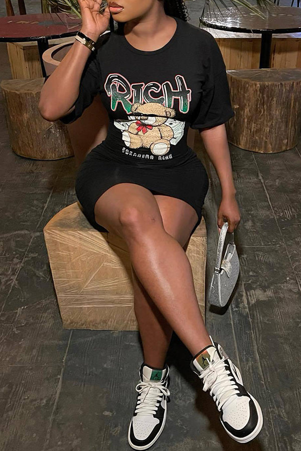 Fashion Hot Panda Hot Print Print Hip Cover Short Sleeve Dress