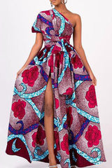 Fashion Slit Tie Digital Printed Swing Dress