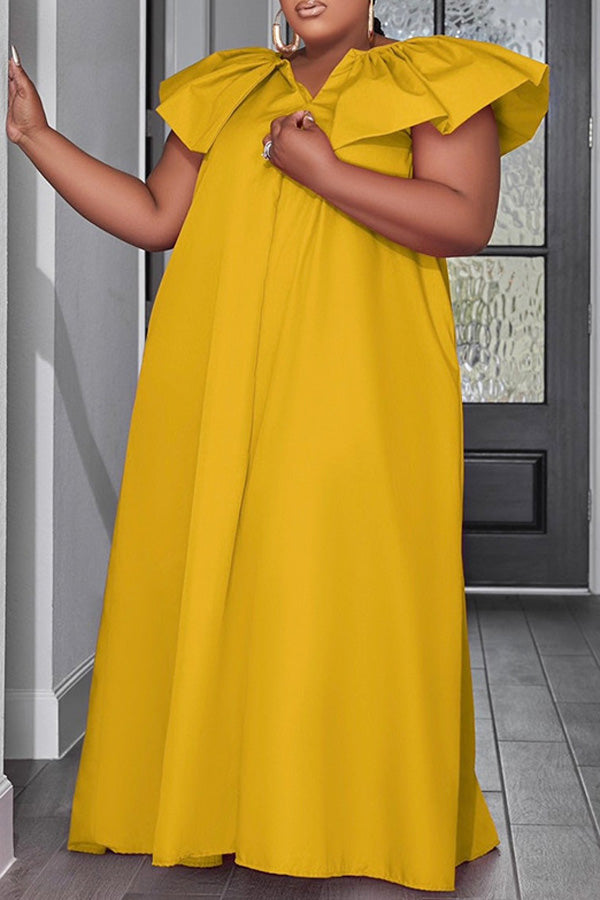 Fashion Loose V Short Sleeve Neck Solid Color Casual Dress