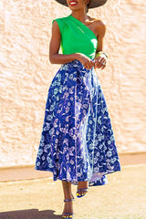 Sexy Slit Back One Shoulder Pleated Stitching Printed Slit Dress