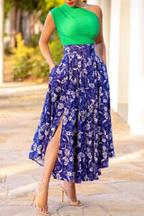 Sexy Slit Back One Shoulder Pleated Stitching Printed Slit Dress