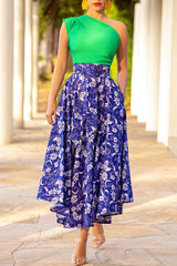 Sexy Slit Back One Shoulder Pleated Stitching Printed Slit Dress