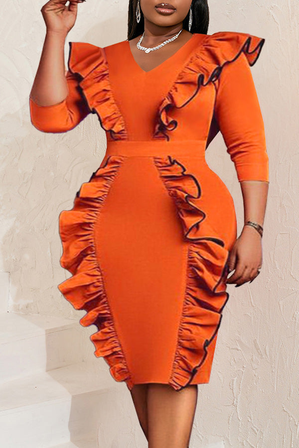 Fashion Casual V Neck High Waist Plus Size Slim Fit Wood Ear Dress