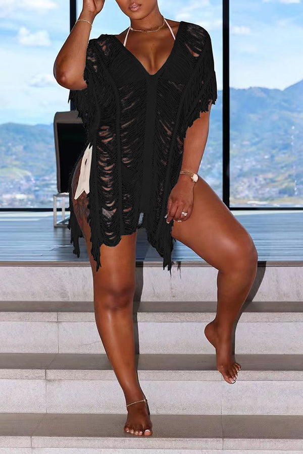 Sexy Fashion Hollow Solid Color Beach Dress