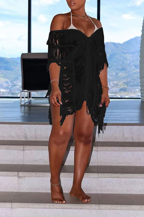 Sexy Fashion Hollow Solid Color Beach Dress