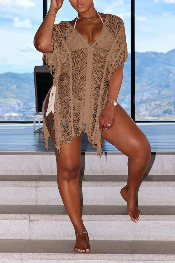 Sexy Fashion Hollow Solid Color Beach Dress