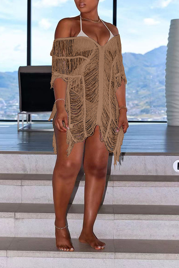 Sexy Fashion Hollow Solid Color Beach Dress