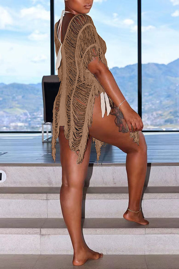 Sexy Fashion Hollow Solid Color Beach Dress