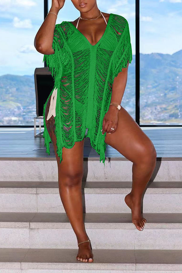 Sexy Fashion Hollow Solid Color Beach Dress