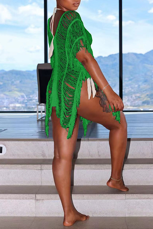 Sexy Fashion Hollow Solid Color Beach Dress