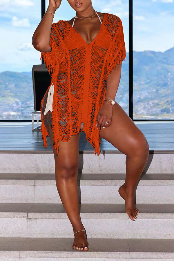 Sexy Fashion Hollow Solid Color Beach Dress
