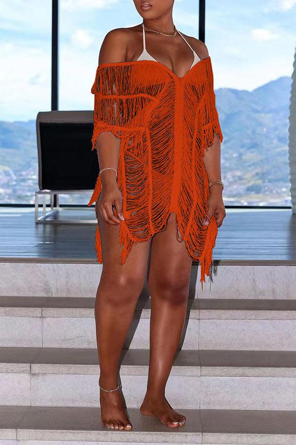 Sexy Fashion Hollow Solid Color Beach Dress