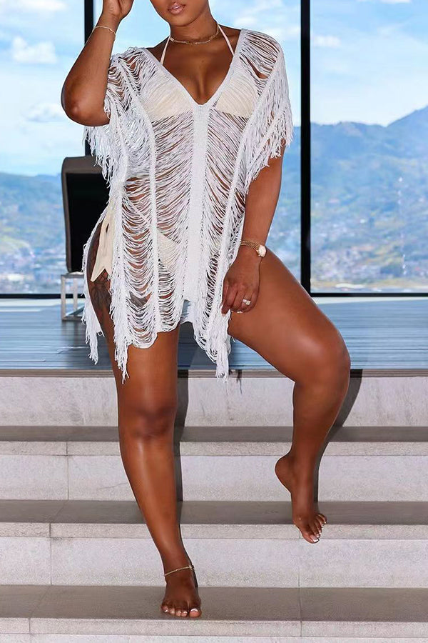 Sexy Fashion Hollow Solid Color Beach Dress