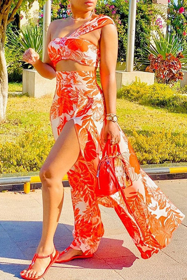 Floral One Shoulder Cutout Slit Plus Size Maxi Dress