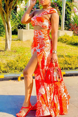 Floral One Shoulder Cutout Slit Plus Size Maxi Dress