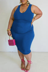 Plus Size Solid Color U Collar Sleeveless Midi Dress