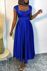 Elegant V-neck Ruched Short Sleeve Silky Maxi Dress