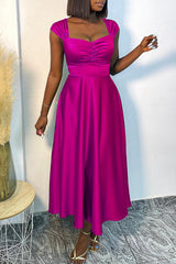 Elegant V-neck Ruched Short Sleeve Silky Maxi Dress