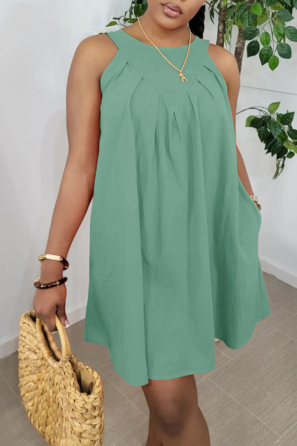 Sleeveless Ruched Pocket Cotton Blend Mini Dress