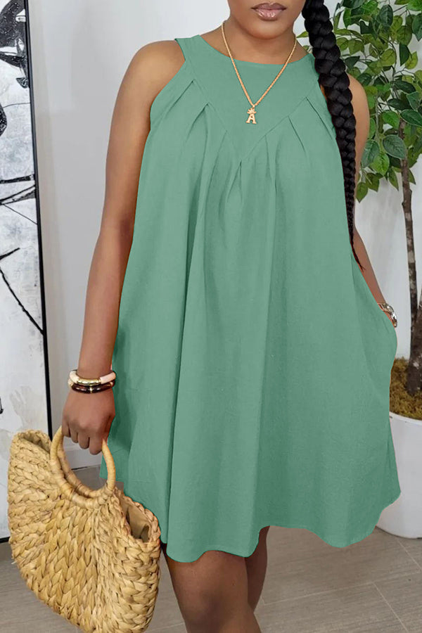 Sleeveless Ruched Pocket Cotton Blend Mini Dress