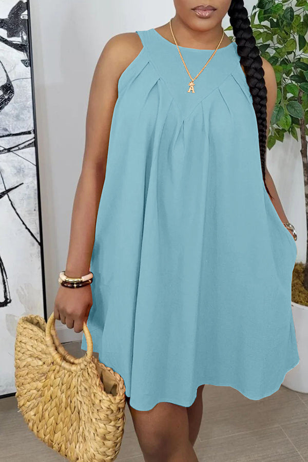 Sleeveless Ruched Pocket Cotton Blend Mini Dress