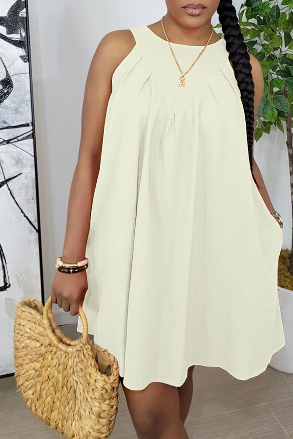 Sleeveless Ruched Pocket Cotton Blend Mini Dress