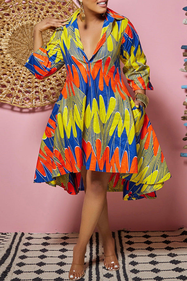 Pretty V-neck Pocket A-line Shirt Midi Dress