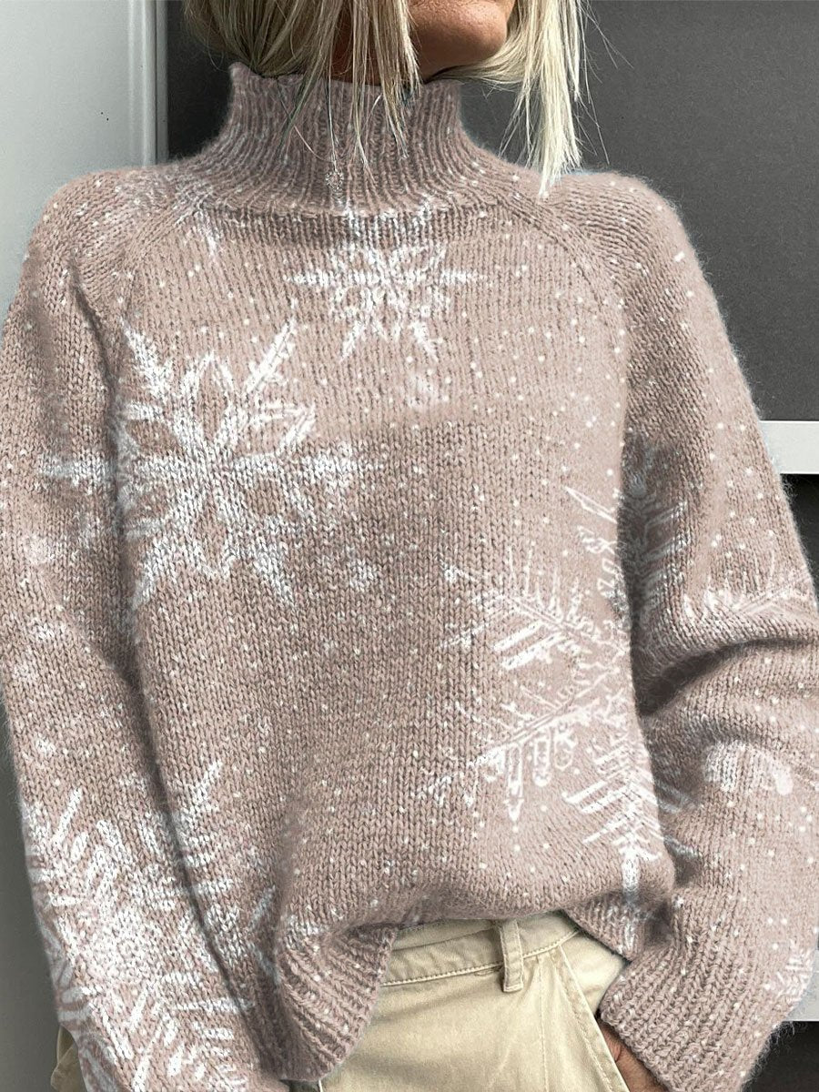 Pink Christmas Snowflake Pattern Art Print Knit Turtleneck Pullover Sweater