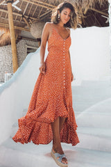 Polka Dot Asymmetric Ruffle Button Down Beach Maxi Dress