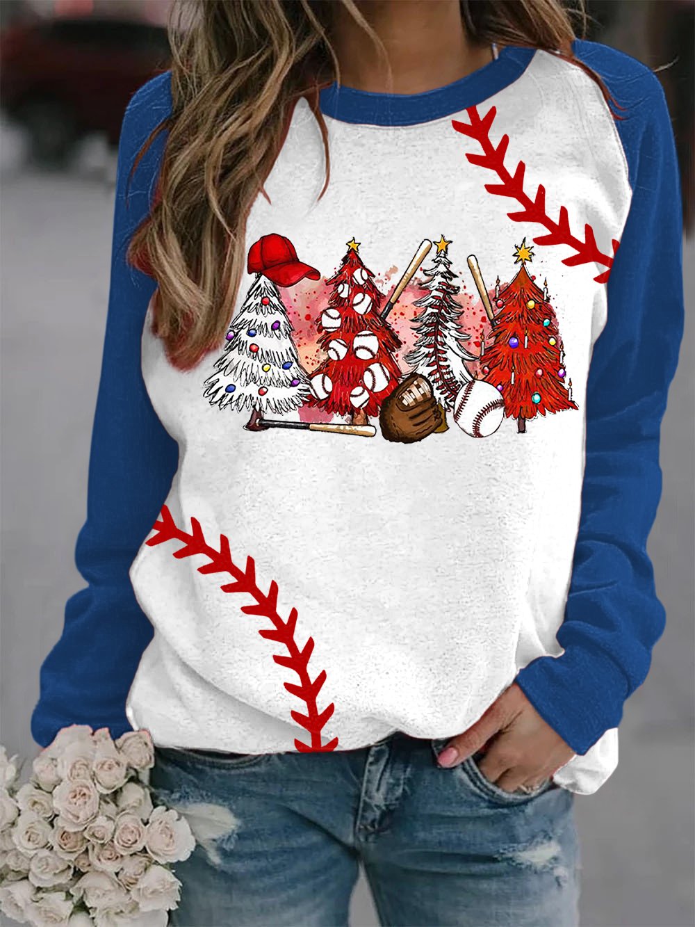 Merry Christmas Baseball Print Long Sleeve Top