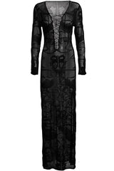 Black Lace Up Crochet Sheer Slit Long Beach Cover Up Dress