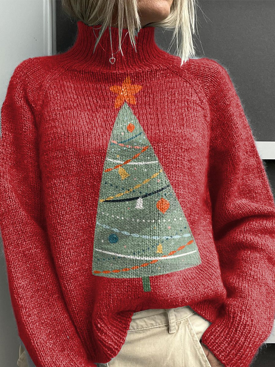 Christmas Tree Art Print Knit Turtleneck Pullover Sweater