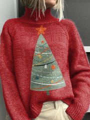 Christmas Tree Art Print Knit Turtleneck Pullover Sweater