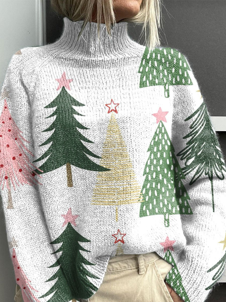 Christmas Tree Combination Christmas Print Knit Turtleneck Pullover Sweater