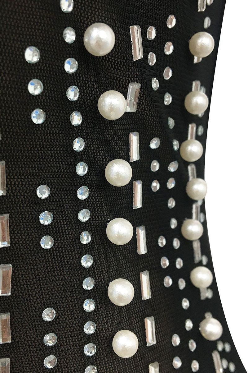 Contrast Mesh Rhinestone & Faux Pearls Decor Bodycon Dress