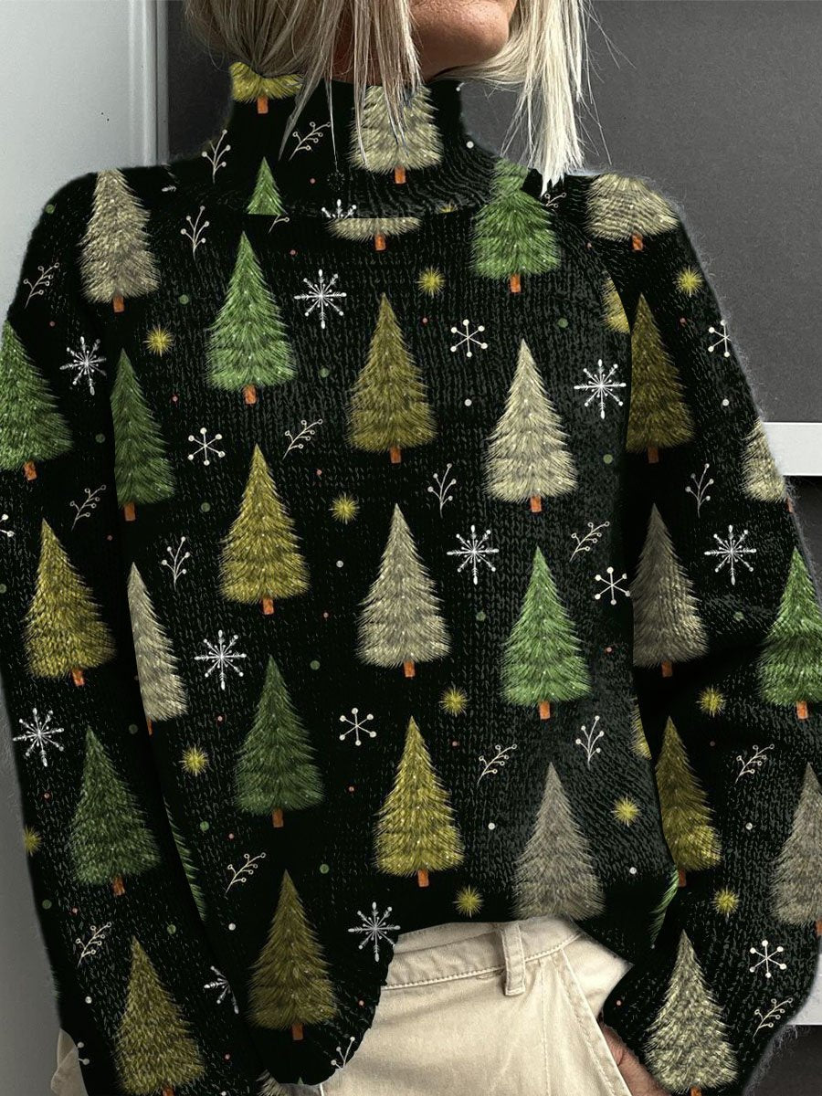 Vintage Christmas Tree Print Knit Turtleneck Pullover Sweater