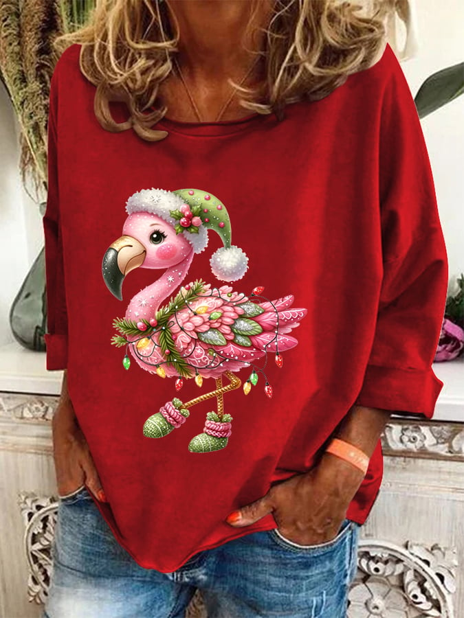 Christmas Loose Flamingo Printed Top