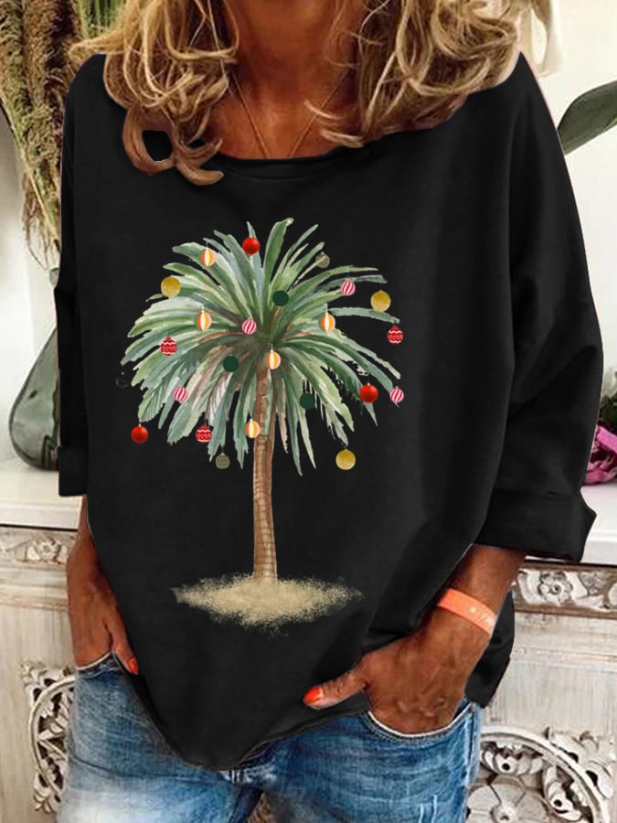 Christmas Palm Tree Print Crew Neck Sweatshirt