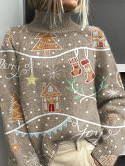 Cute Snow Day Gingerbread Man Snowflake Christmas Print Knit Turtleneck Pullover Sweater