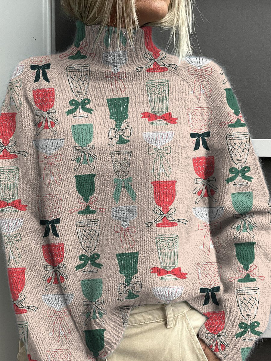 Christmas Cocktail Repeat Pattern Printed Knit Turtleneck Pullover Sweater