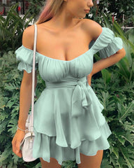 Solid Ruffles Hem Strap Short Sleeve Cold Shoulder Mini Dress